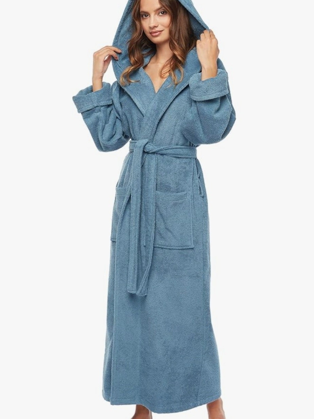 Organic Turkish Cotton Hooded Long Blue Women's Bath Robe with Belt